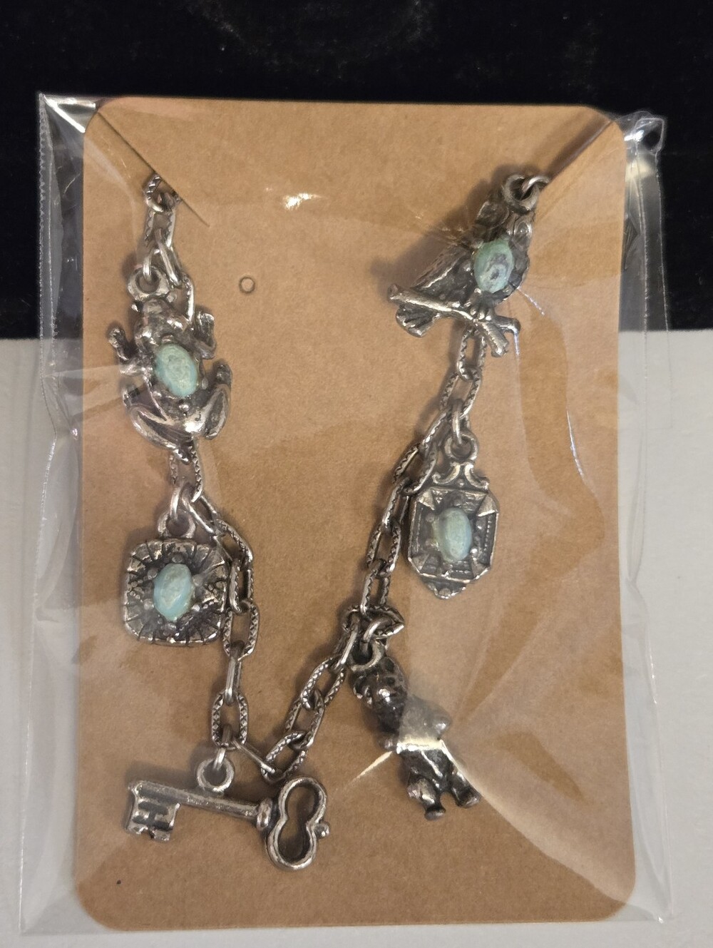 Silver Turquoise Charm Bracelet Bear, Owl, Key, Frog, Womens Jewelry